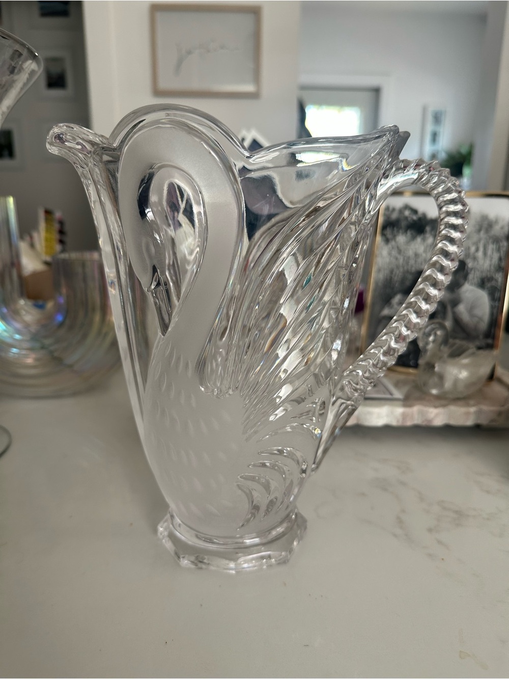 Vintage Mikasa Lead Crystal Swan Pitcher – Frosted Bird Design, Clear Base